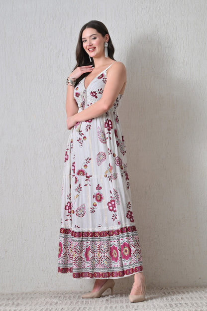 26403 Bohemian Floral Print Tassel Tie Maxi Dress