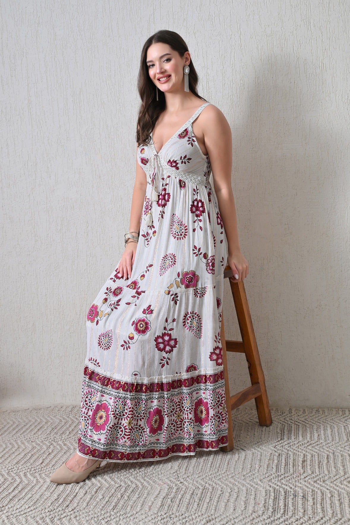 26403 Bohemian Floral Print Tassel Tie Maxi Dress