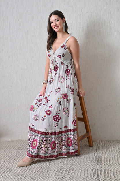 26403 Bohemian Floral Print Tassel Tie Maxi Dress