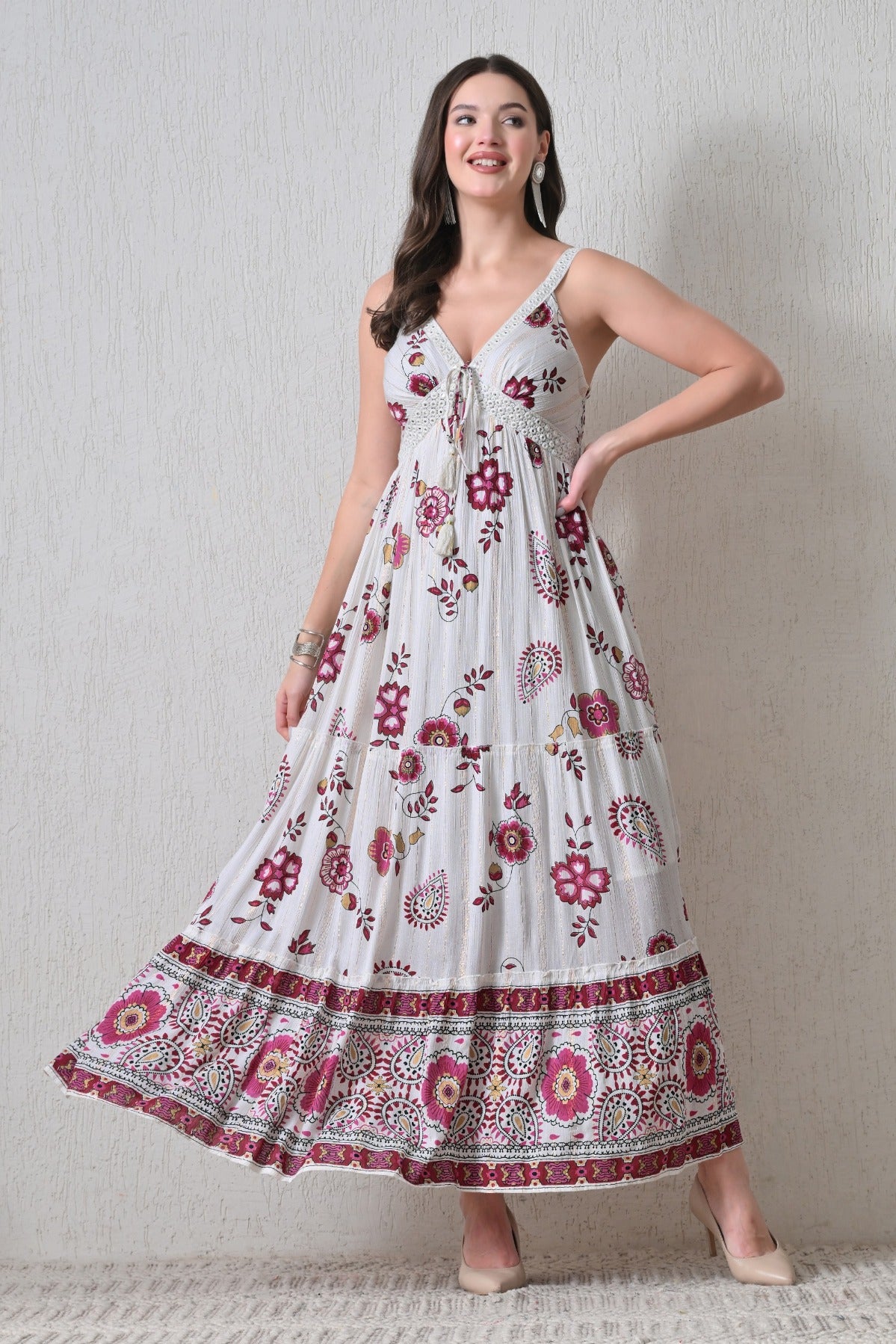 26403 Bohemian Floral Print Tassel Tie Maxi Dress