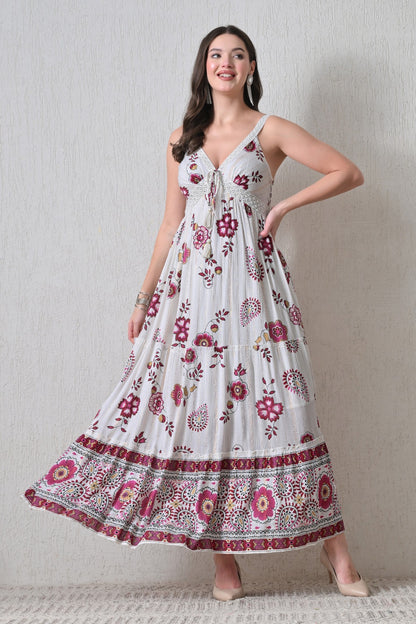 26403 Bohemian Floral Print Tassel Tie Maxi Dress