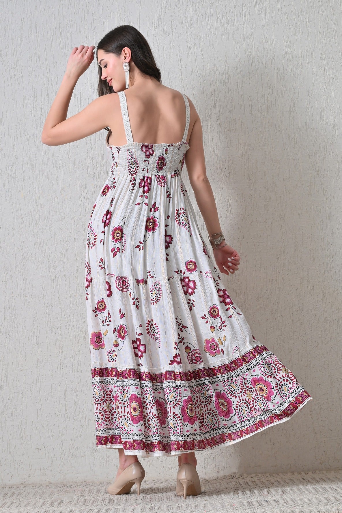 26403 Bohemian Floral Print Tassel Tie Maxi Dress