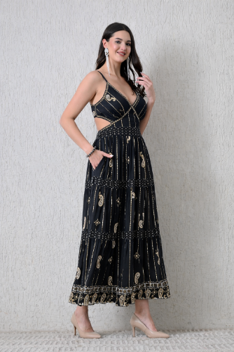 26405 Bohemian Paisley Print Tiered Maxi Dress