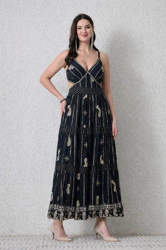 26405 Bohemian Paisley Print Tiered Maxi Dress