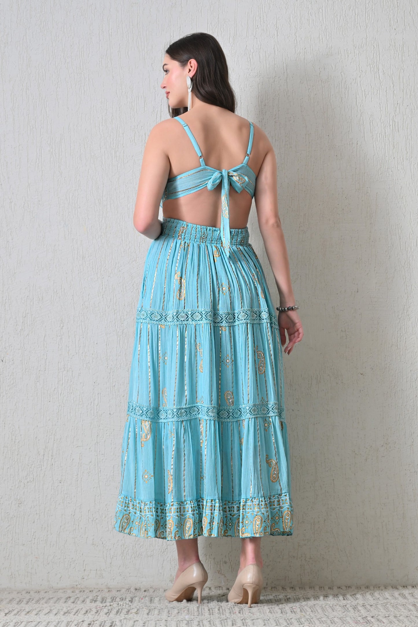 26405 Bohemian Paisley Print Tiered Maxi Dress