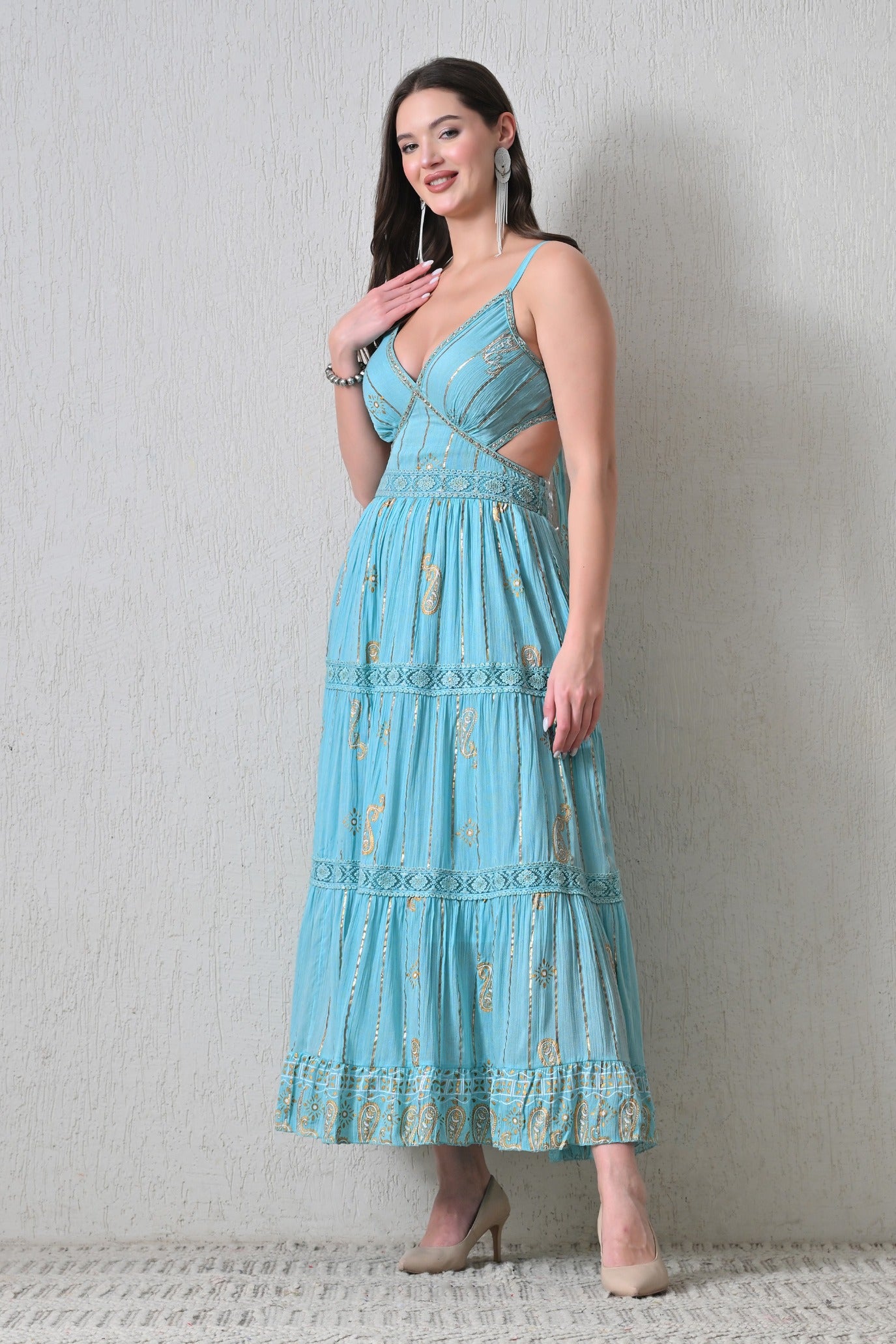 26405 Bohemian Paisley Print Tiered Maxi Dress