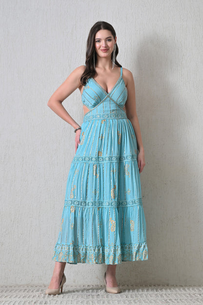 26405 Bohemian Paisley Print Tiered Maxi Dress