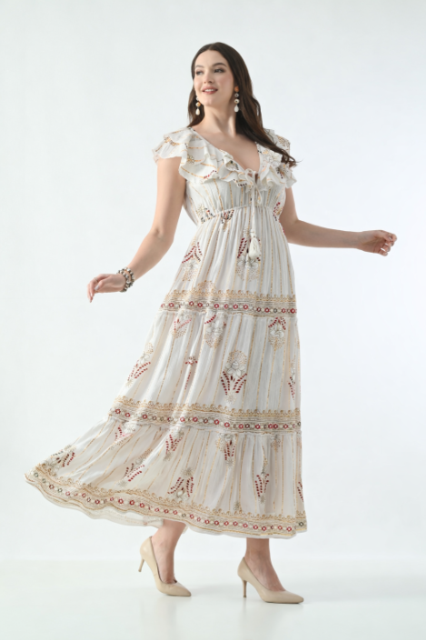 26406 Bohemian Floral Print Ruffle Maxi Dress
