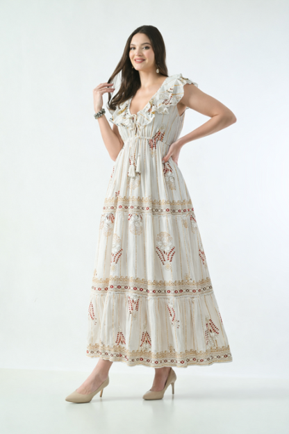 26406 Bohemian Floral Print Ruffle Maxi Dress
