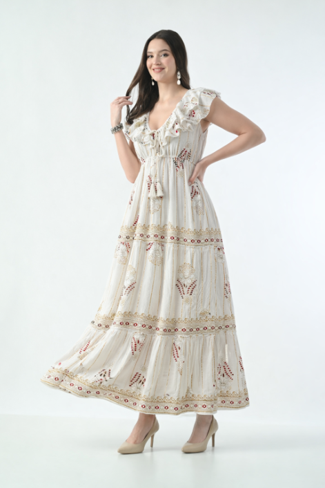 26406 Bohemian Floral Print Ruffle Maxi Dress