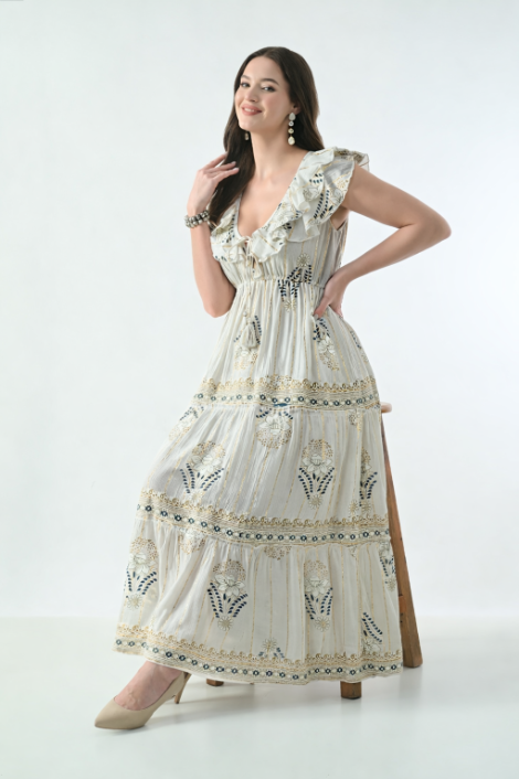26406 Bohemian Floral Print Ruffle Maxi Dress