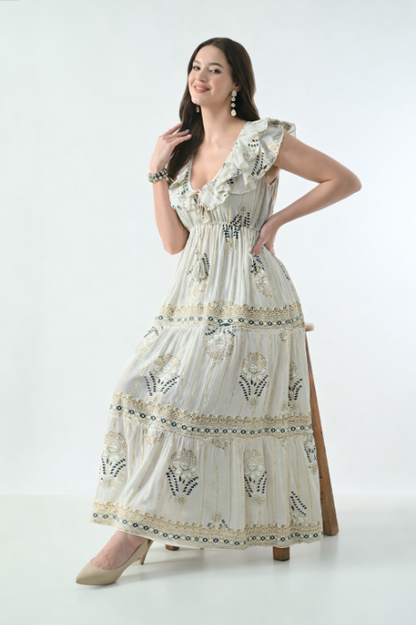26406 Bohemian Floral Print Ruffle Maxi Dress