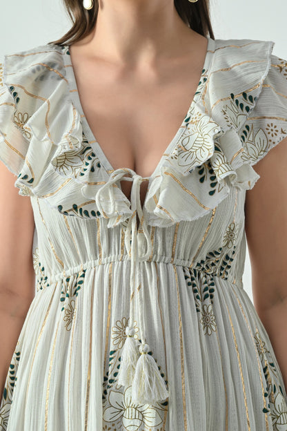 26406 Bohemian Floral Print Ruffle Maxi Dress