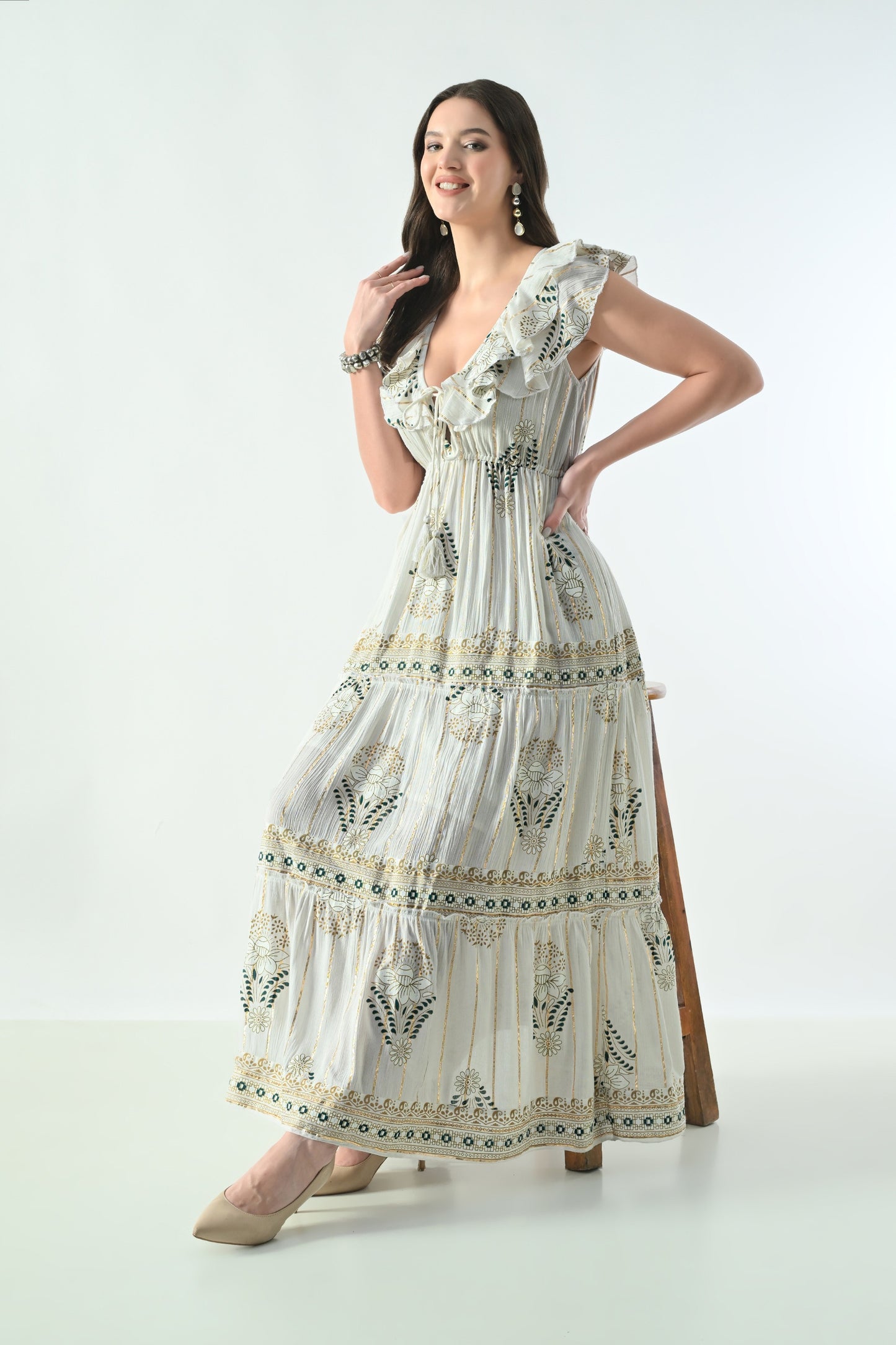 26406 Bohemian Floral Print Ruffle Maxi Dress