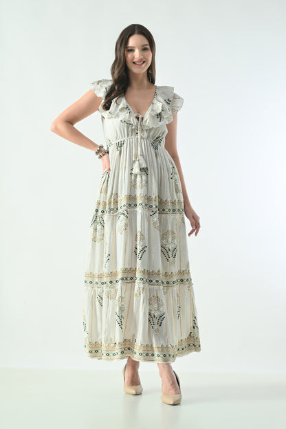 26406 Bohemian Floral Print Ruffle Maxi Dress