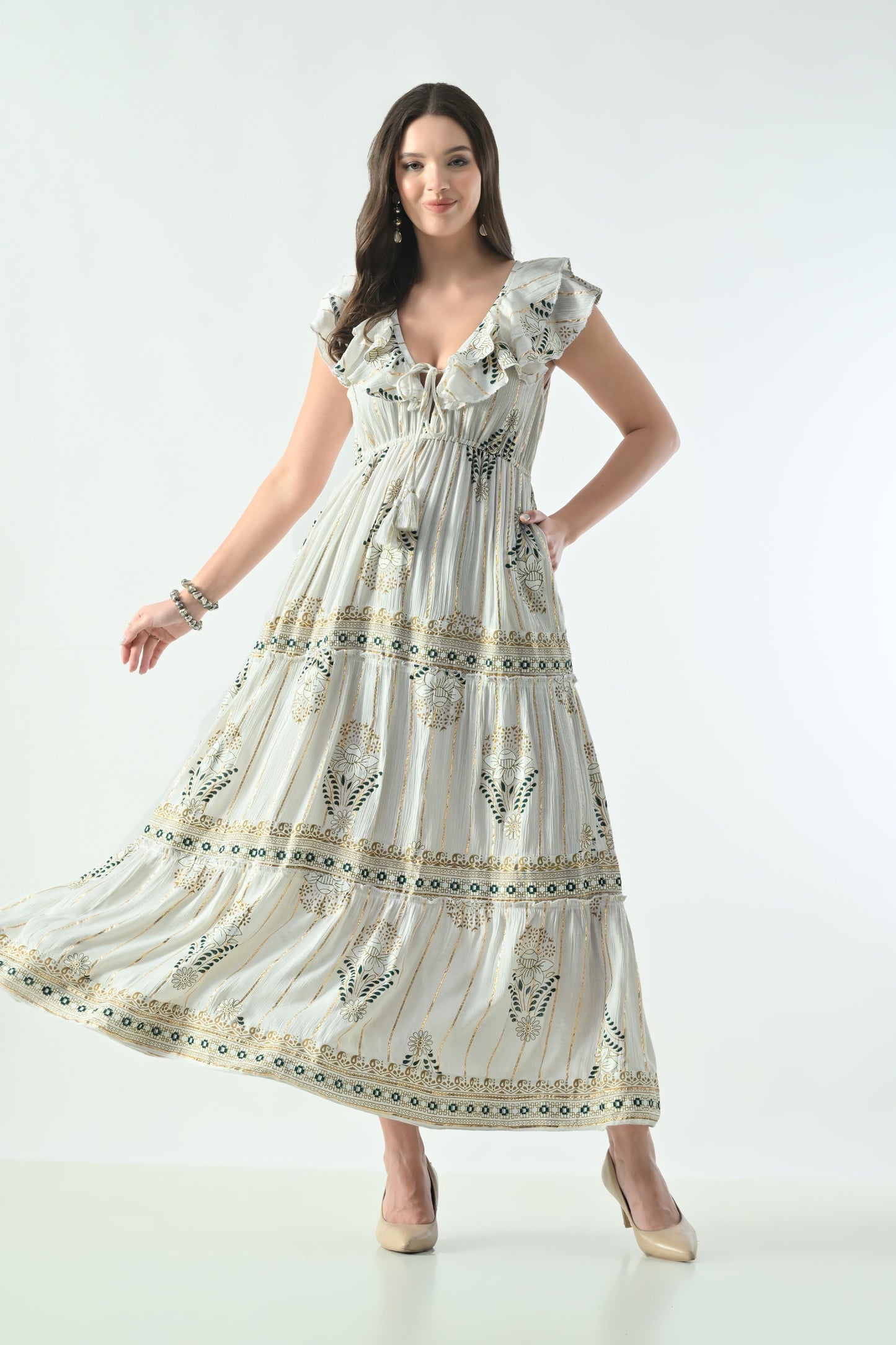 26406 Bohemian Floral Print Ruffle Maxi Dress