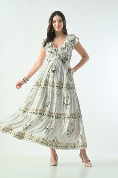 26406 Bohemian Floral Print Ruffle Maxi Dress