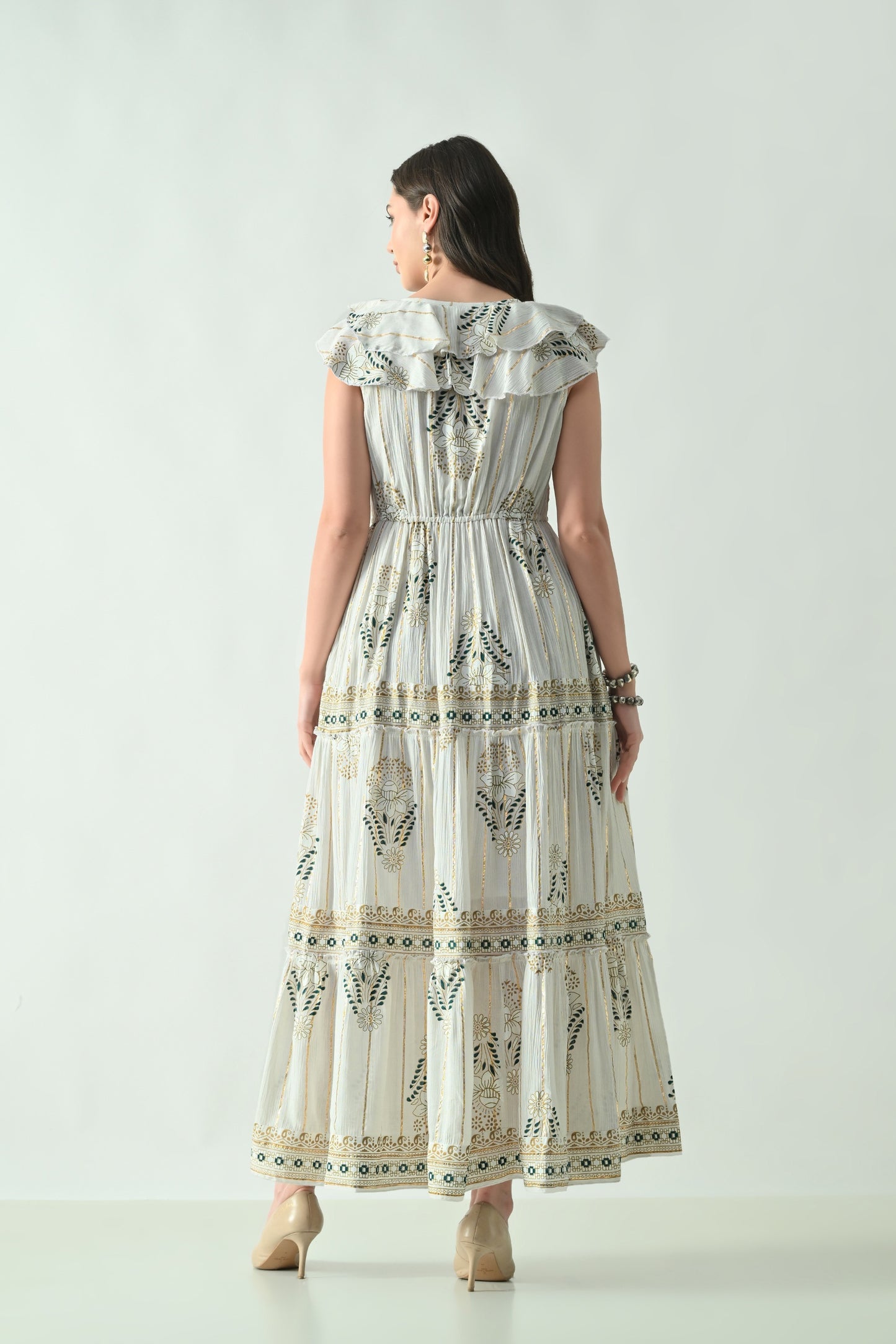 26406 Bohemian Floral Print Ruffle Maxi Dress