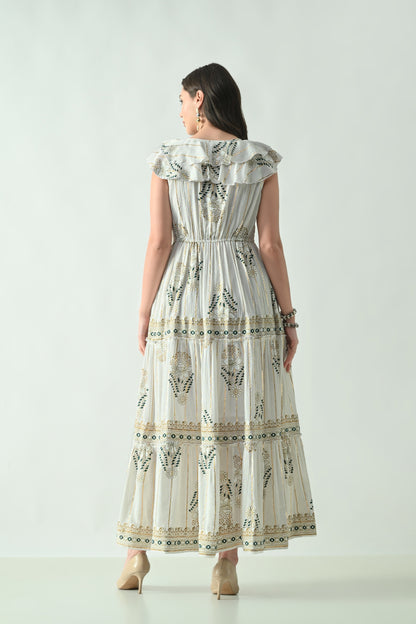 26406 Bohemian Floral Print Ruffle Maxi Dress