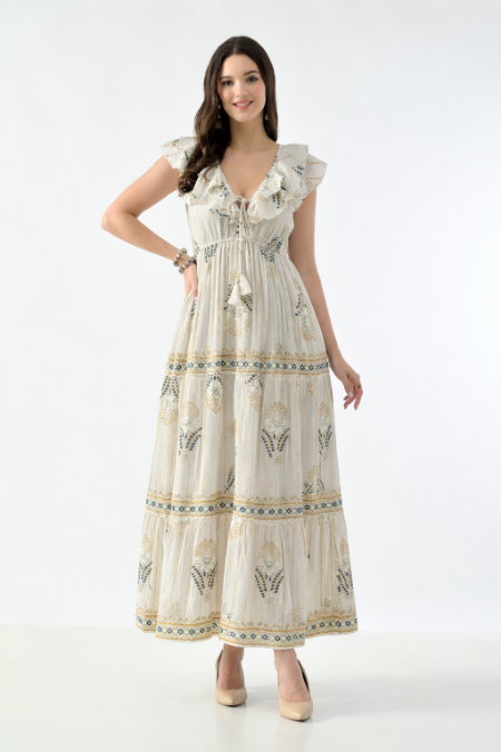 26406 Bohemian Floral Print Ruffle Maxi Dress