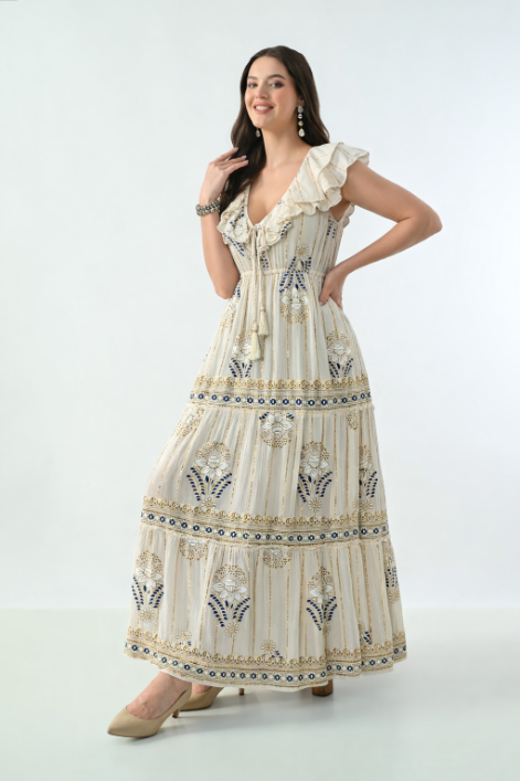 26406 Bohemian Floral Print Ruffle Maxi Dress