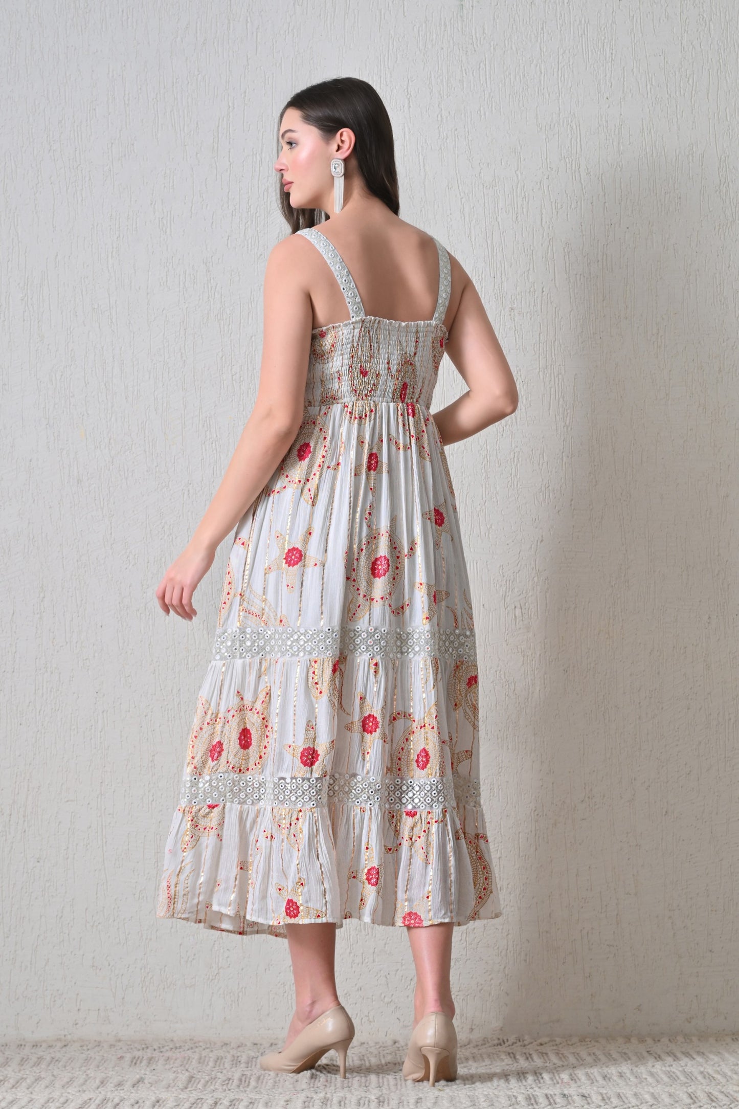 26410 Bohemian Printed Lace Trim Maxi Dress – Sleeveless Tiered Summer Dress