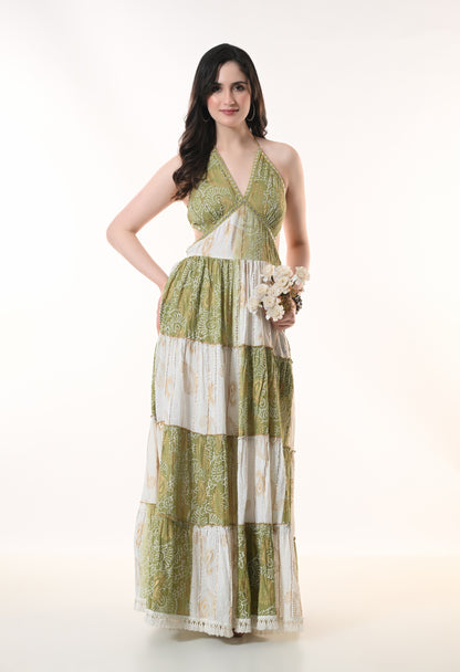 26411 Bohemian Patchwork Halter Maxi Dress – Tiered Printed Resort Dress