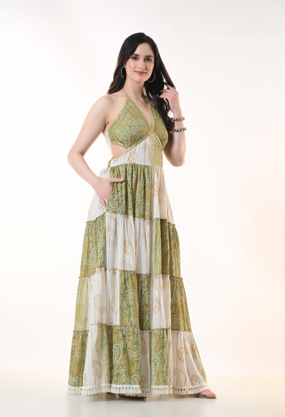 26411 Bohemian Patchwork Halter Maxi Dress – Tiered Printed Resort Dress