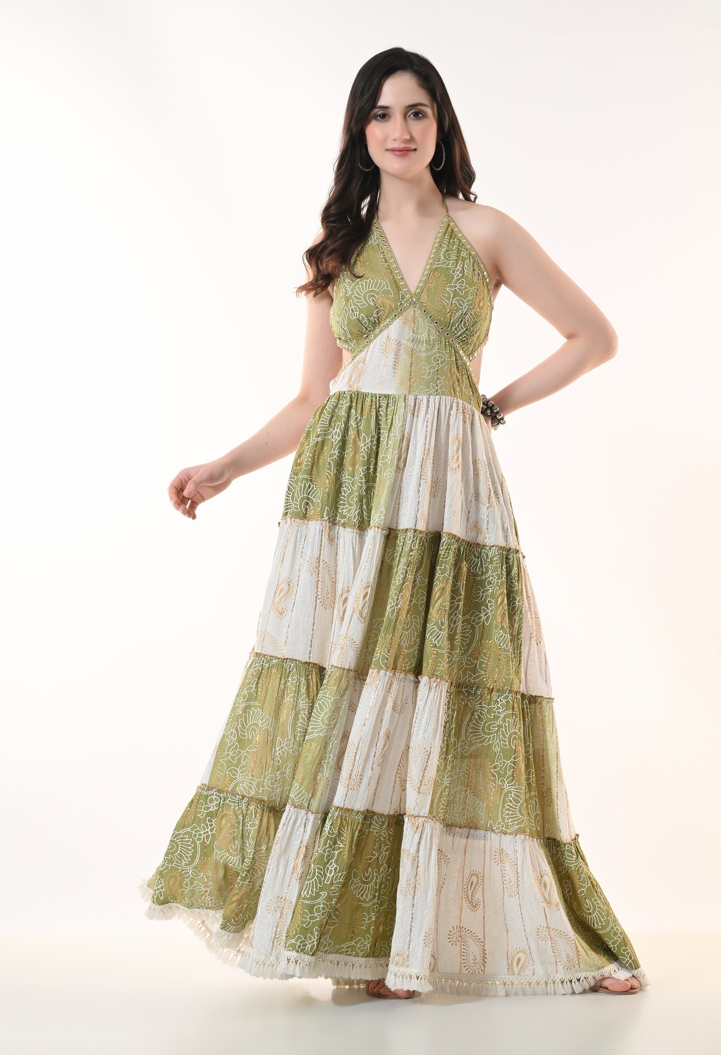 26411 Bohemian Patchwork Halter Maxi Dress – Tiered Printed Resort Dress