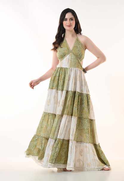26411 Bohemian Patchwork Halter Maxi Dress – Tiered Printed Resort Dress