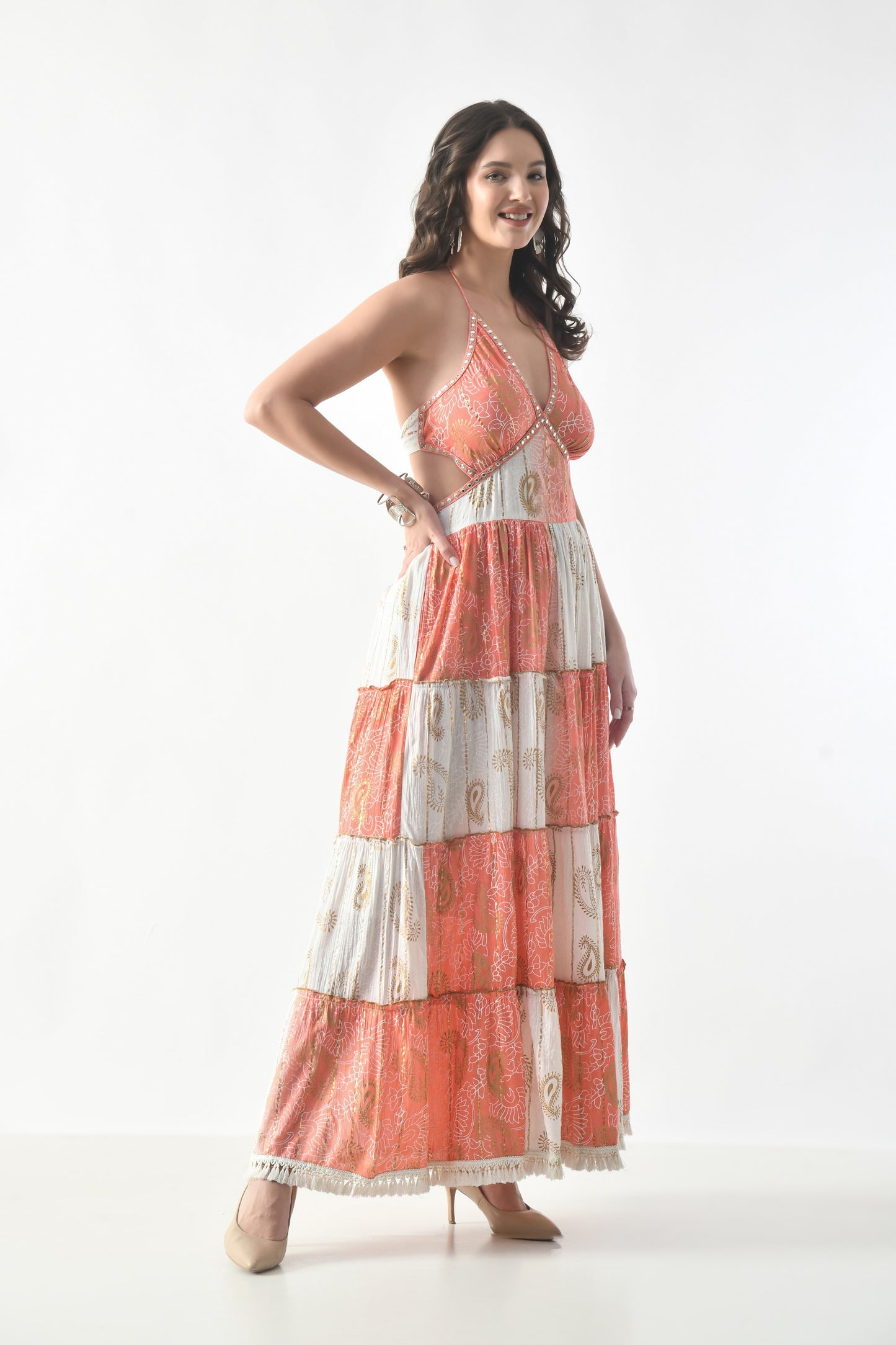 26411 Bohemian Patchwork Halter Maxi Dress – Tiered Printed Resort Dress