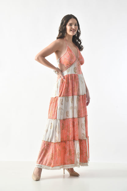 26411 Bohemian Patchwork Halter Maxi Dress – Tiered Printed Resort Dress