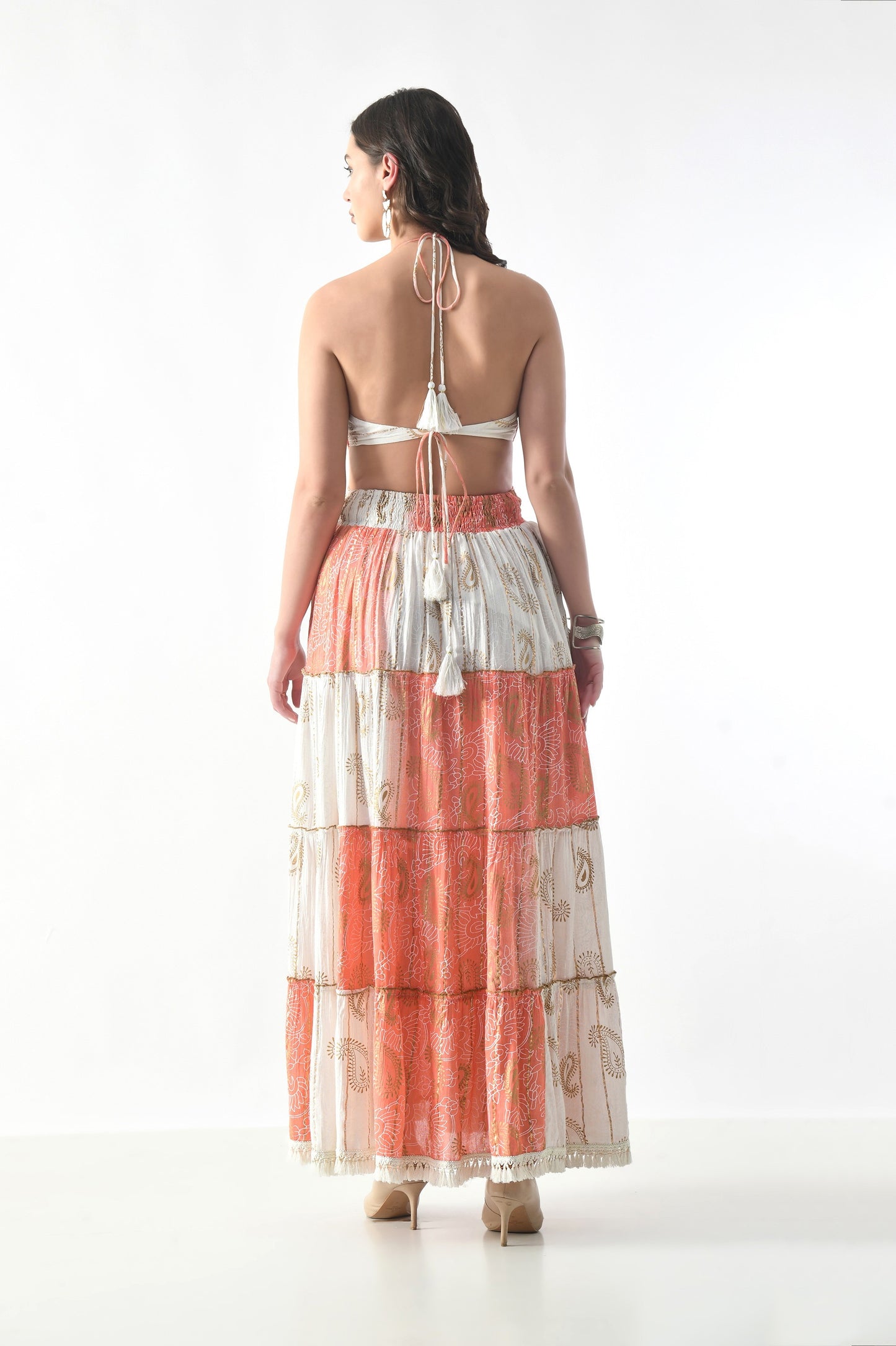 26411 Bohemian Patchwork Halter Maxi Dress – Tiered Printed Resort Dress