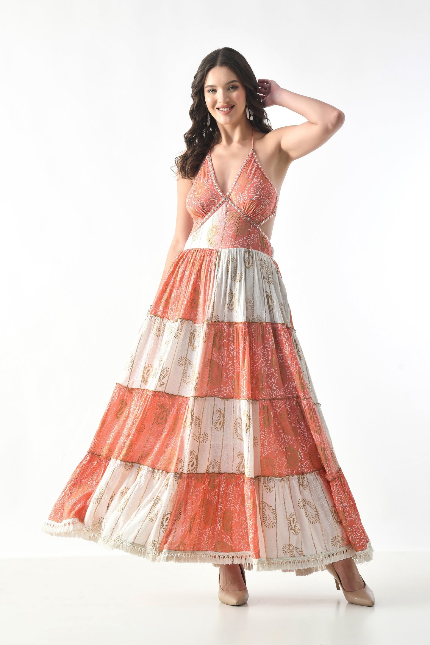 26411 Bohemian Patchwork Halter Maxi Dress – Tiered Printed Resort Dress