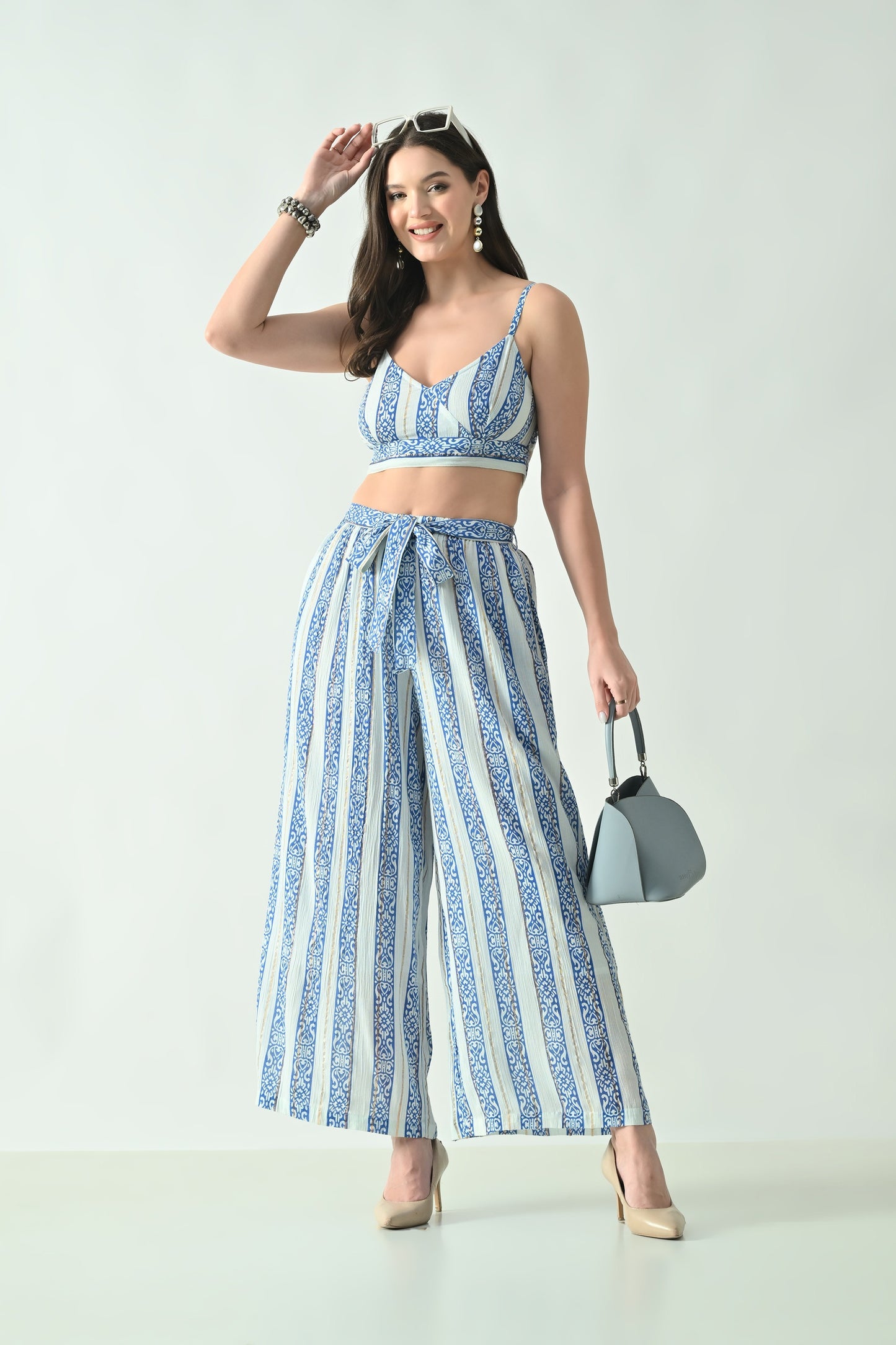 26412 Bohemian Printed Crop Top & Wide Leg Palazzo Set – Two Piece Summer Co-Ord