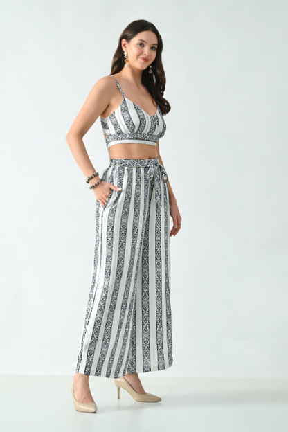 26412 Bohemian Printed Crop Top & Wide Leg Palazzo Set – Two Piece Summer Co-Ord