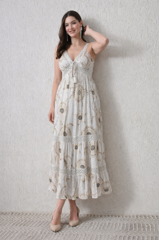 26410 Bohemian Printed Lace Trim Maxi Dress – Sleeveless Tiered Summer Dress