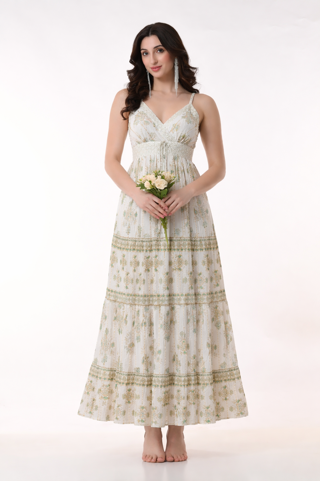 26404 Bohemian Gold Print Tiered Maxi Dress-Assorted color