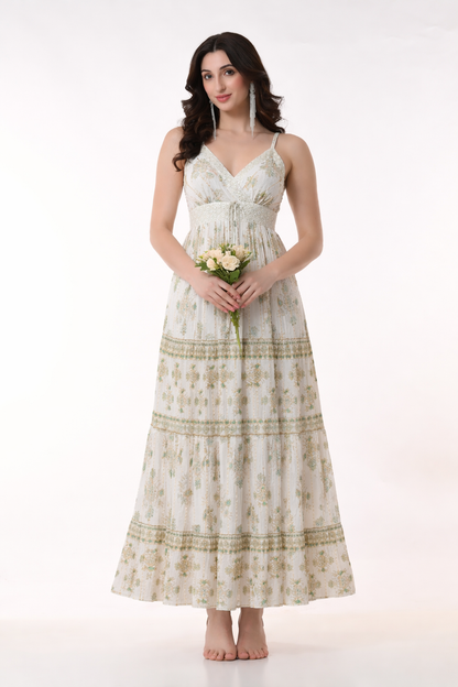 26404 Bohemian Gold Print Tiered Maxi Dress-Assorted color