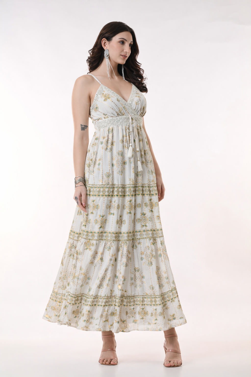 26404 Bohemian Gold Print Tiered Maxi Dress-Assorted color