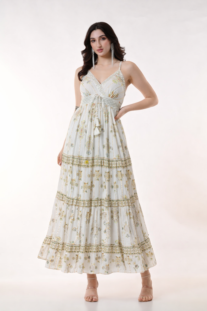 26404 Bohemian Gold Print Tiered Maxi Dress-Assorted color