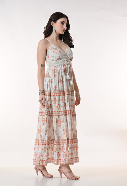 26404 Bohemian Gold Print Tiered Maxi Dress-Assorted color