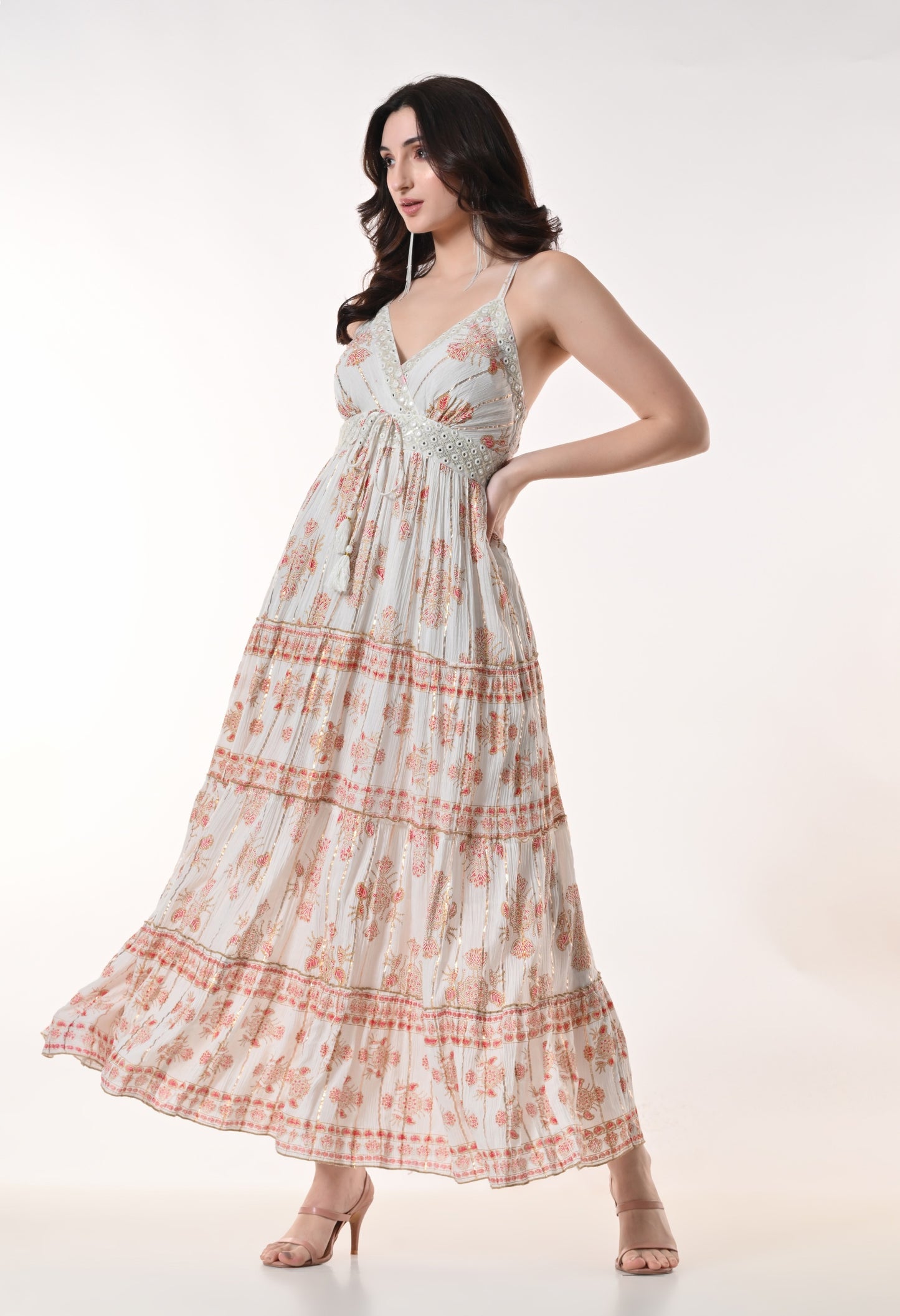 26404 Bohemian Gold Print Tiered Maxi Dress-Assorted color