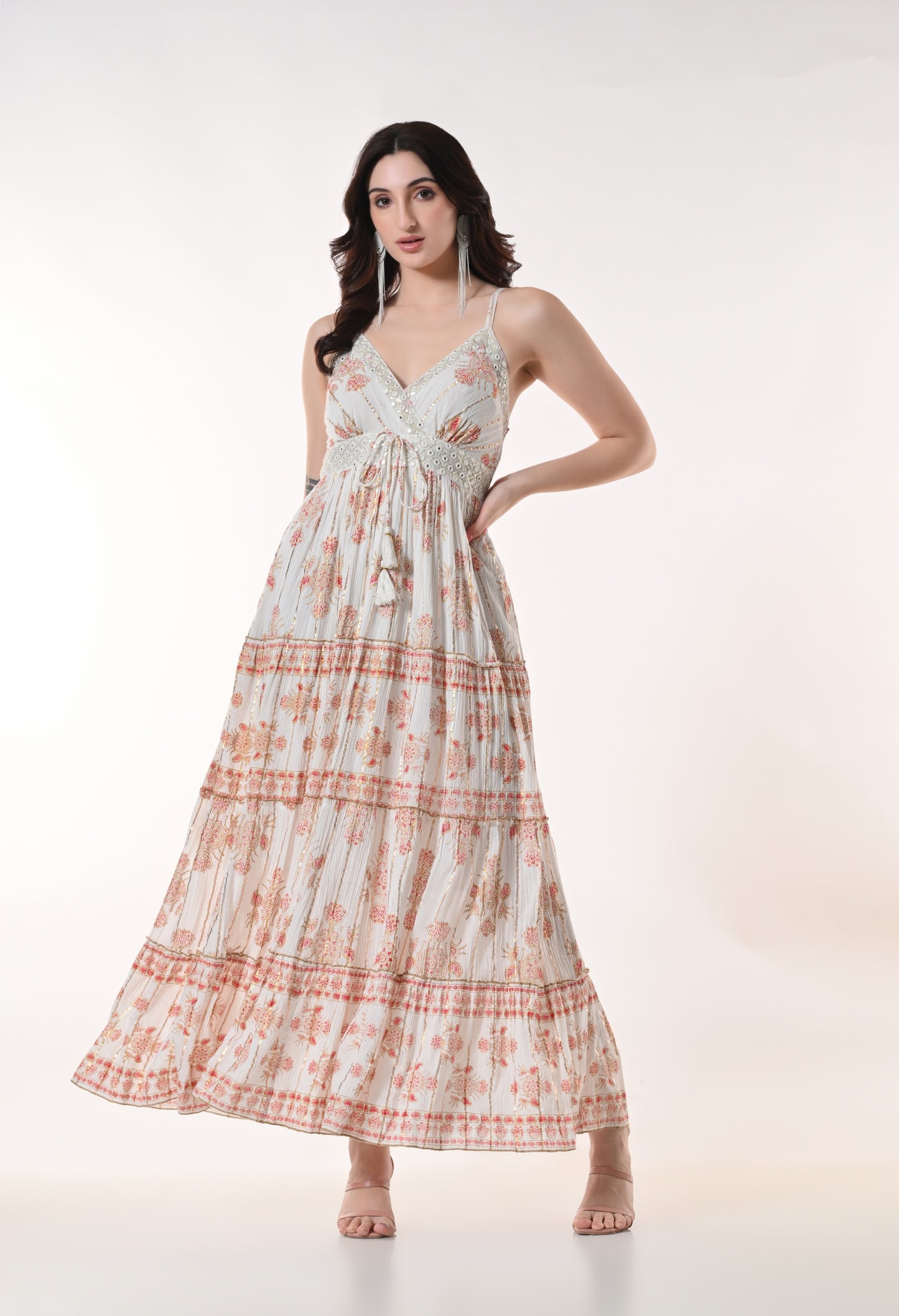 26404 Bohemian Gold Print Tiered Maxi Dress-Assorted color