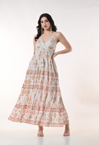 26404 Bohemian Gold Print Tiered Maxi Dress-Assorted color