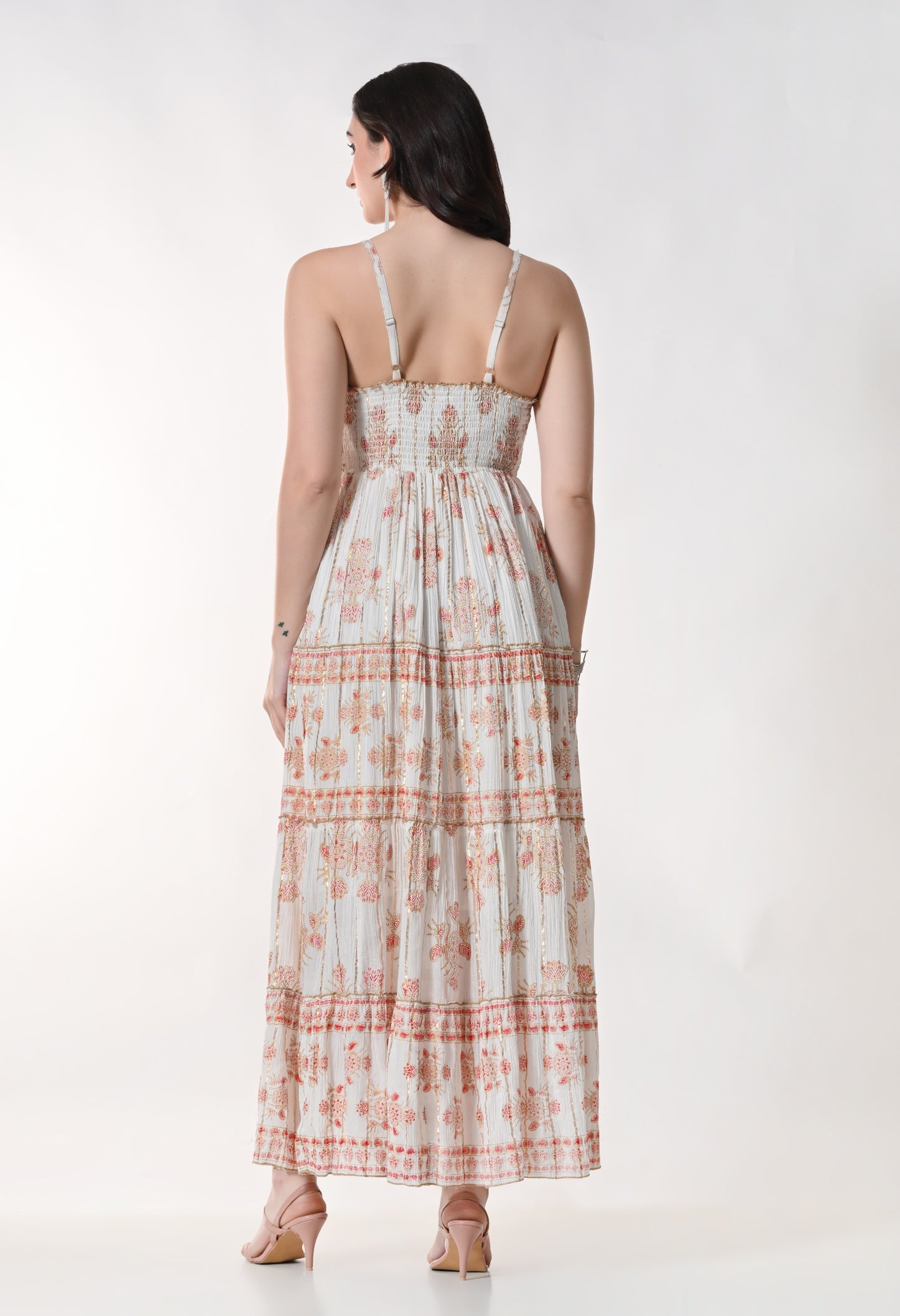 26404 Bohemian Gold Print Tiered Maxi Dress-Assorted color