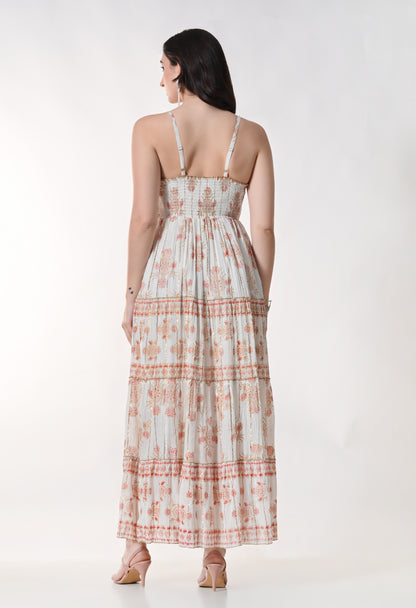 26404 Bohemian Gold Print Tiered Maxi Dress-Assorted color