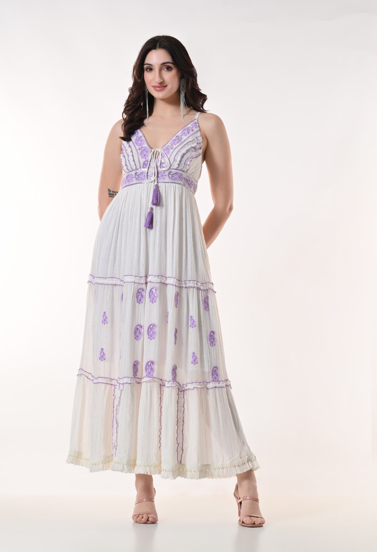 26414 Bohemian  Embroidered Tiered Maxi Dress – Sleeveless V-Neck Summer Dress