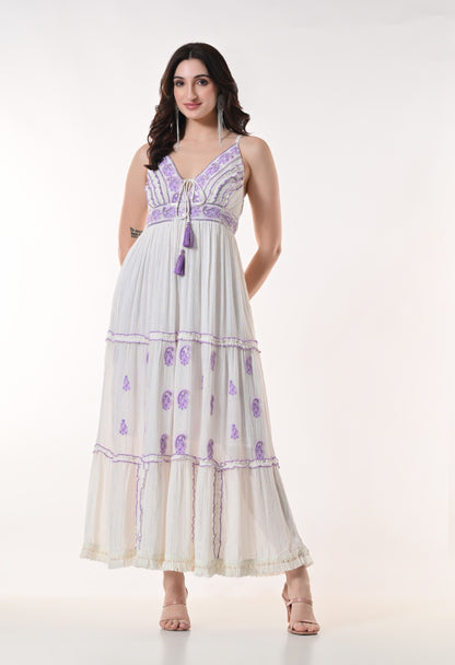 26414 Bohemian  Embroidered Tiered Maxi Dress – Sleeveless V-Neck Summer Dress
