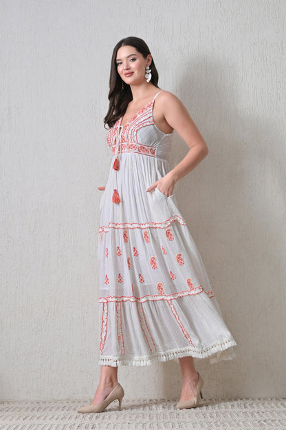 26414 Bohemian  Embroidered Tiered Maxi Dress – Sleeveless V-Neck Summer Dress
